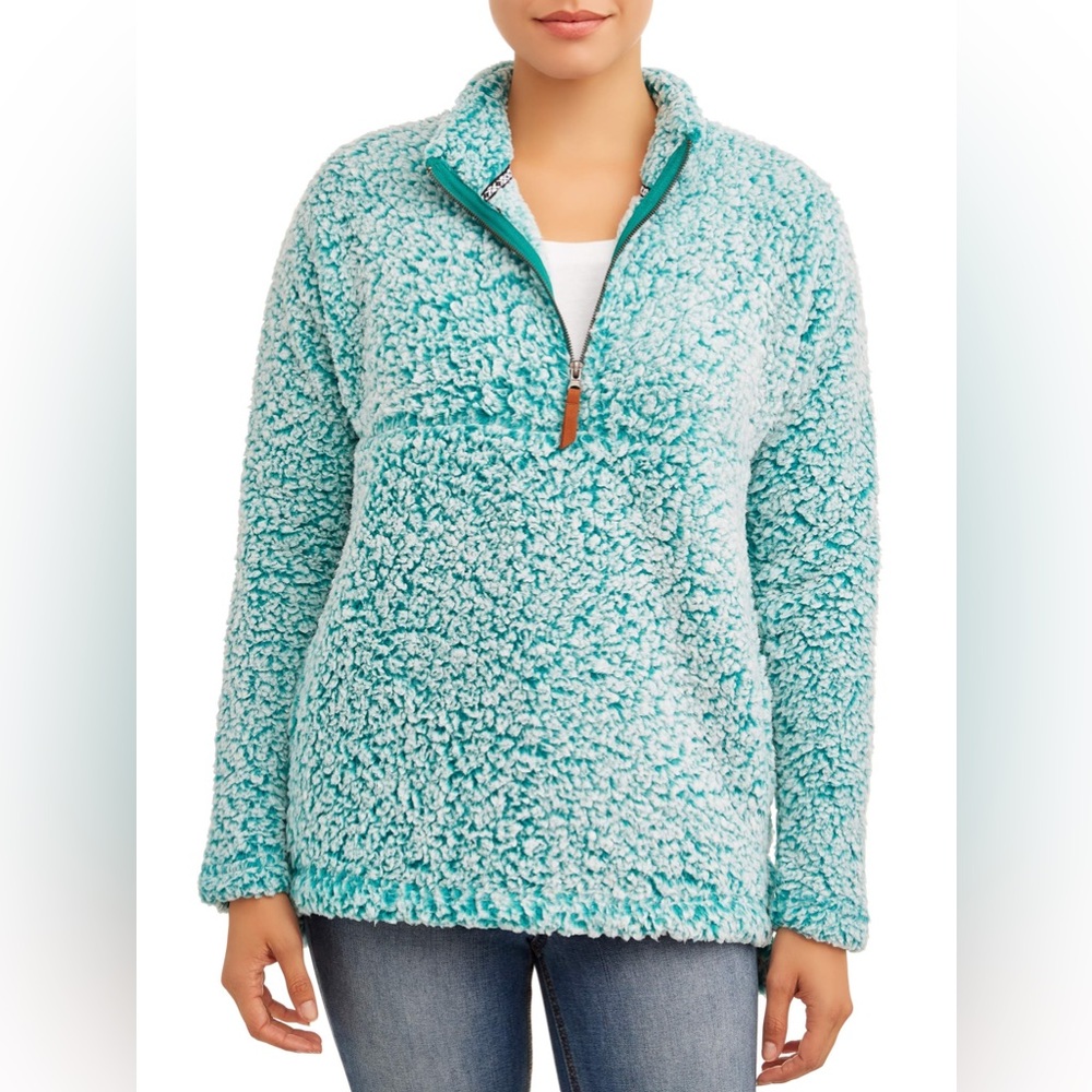 Time Tru Half Zip Up Faux Light Green Warm & Cozy Fur Pull Over Size Medium